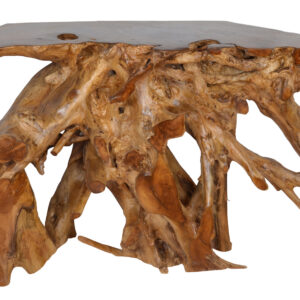 the raw beauty of the natural variations enhance the style of the console.  Large teak root systems are sought out for suitable pieces to construct the consoles.  Carefully shaped to console form while maintaining live edge design of the overall piece.  Solid wood the console is heavy and sturdy perfect for entries or wherever you want to make a statement.