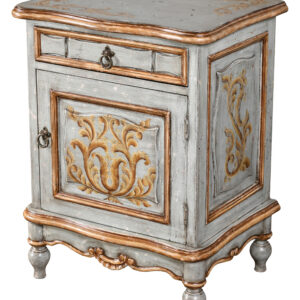 The Serena Nightstand from our Serena Series is a 23" wide.  This collection boasts a Spanish and French influence with its large scaled details in a finish of varying tones of soft bleus and detailed with hand painted soft scrolls. Consider pairing with the Serena King or Queen bed from the series. The Serena series is part of our Santa Lucia Collection consisting of handmade