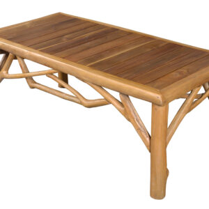 A 47" wide x 24.5" deep x 19.5" tall comes this Teak Lodge Coffee Table from our Adirondack Teak Collection. Adirondack furniture refers to a rugged architectural style using native building materials within an irregular wooded landscape. The table offered is made using natural exotic Teak lumber from Indonesia. it is hand crafted using age old and proven mortise and Tenon construction. This technique has been used for thousands of years by woodworkers around the world to join pieces of wood