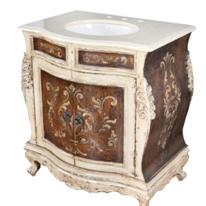 a mounted porcelain bowl and the back was designed with an opening to allow for easy plumbing hook-ups. This collection boasts a Spanish influence with its large scaled details in a popular finish of deep rustic browns featuring a contrast of distressed creamy whites and delicately detailed with hand painted soft scrolls. Consider ordering 2 for a large master bath application or pairing with the Casa Grande Double Vanity from this series. The Casa Grande series is part of our Santa Lucia Collection consisting of handmade