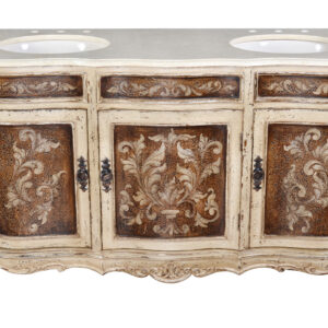 double bowl vanity. The vanity is beautiful and decorative as well as designed to make installation as easy as possible. It comes with a mounted beige solid marble top with pre-drilled holes for faucets