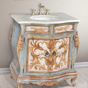 The Serena Vanity from our Serena Series is a 33" wide single bowl vanity. The vanity is beautiful and decorative as well as designed to make installation as easy as possible. It comes with a mounted beige solid marble top with pre-drilled holes for faucets