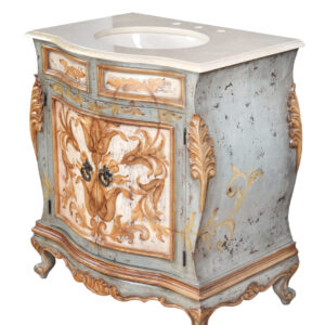 a mounted porcelain bowl and the back was designed with an opening to allow for easy plumbing hook-ups. This collection boasts a Spanish and French influence with its large scaled details in a finish of varying tones of soft bleus featuring a contrast of distressed creamy whites and delicately detailed with hand painted soft scrolls. Consider ordering 2 for a large master bath application. The Serena series is part of our Santa Lucia Collection consisting of handmade