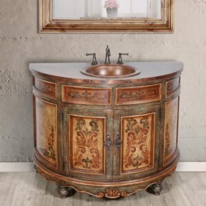 The Peruvian Copper Top Vanity is a 48" wide single bowl vanity. The vanity is beautiful and decorative as well as designed to make installation as easy as possible. It comes with a mounted hand hammered copper top and bowl with pre-drilled holes for faucets the back was designed with an opening to allow for easy plumbing hook-ups. This collection boasts a Spanish influence with its large scaled details in a finish of varying tones of rich darker tones featuring a contrast of distressed creamy beige and delicately detailed with hand painted scrolls. Consider ordering 2 for a large master bath application or for smaller space requirements consider our equally beautiful Lima Copper Top Vanity with an efficient 25" width. The Peruvian Copper Top Vanity is part of our Santa Lucia Collection consisting of handmade