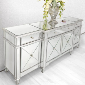 This credenza is surely INSTA-worthy! With beautiful beveled glass and silver gold finishing combined with storage this is an old Hollywood type of glamour that is perfect for the demands of todays design focused home owners.