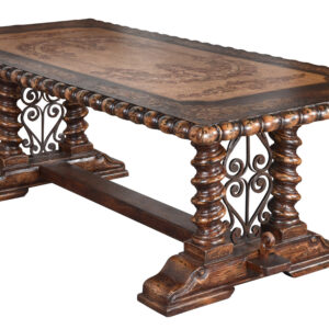 The Belruse Dining Table at 97.5" wide and 47 " deep is a top seller from our popular Belruse Series. This substantial table boasts a Spanish influence with large scaled details and its multi layered finish of light and dark sienna and brown tones with subtle natural contrasts resulting from hand rubbing and exposing the rich wood undertones then delicately detailed with hand painted soft scrolls and further enhanced by the blacksmiths work of iron ornamentation added on the base. There are many options to add on and perfect the room design. Consider any of the beautiful leather or natural hide and leather chairs and/or exact matching Belruse bench