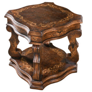 The Inca Grand End Table is a larger End or Occasional table from our Inca Series at 28" square and 28" tall. This series boasts a Spanish influence with large scaled details and its multi layered finish of light and dark sienna and brown tones with subtle natural contrasts resulting from hand rubbing and exposing the rich wood undertones then delicately detailed with hand painted soft scrolls. Consider a pair of these tables with the matching Inca Cocktail Coffee Table and/or Console also offered in our Inca series. These tables offered are from our Santa Lucia Collection which consists of handmade