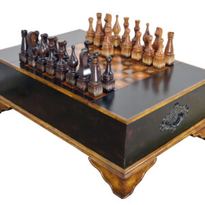 The Ebony Chess Set Coffee Table is a top selling decorative cocktail table with added game function. It has a 55" width and a depth of 37" and features a full set of 32 large hand carved Chess pieces that can be displayed or neatly store away on each side in the barely noticeable large compartments designed into the top that lift with concealed piston hardware. The table has a hand painted chess board top and boasts hand hammered and forged hardware mounted on a warm light and dark brown hued cabinet. The table is part of our Santa Lucia Collection which consists of handmade
