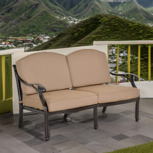 a classic collection featuring a woven lattice design and a brown bronzed powder coat finish. All offerings are hand cast in 100% aluminum and will never rust. The Loveseat come fully constructed