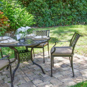 renowned for its classic woven lattice design and bronzed powder coated finish with brown highlights