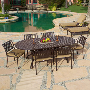 a complete dining ensemble featuring a generously sized table and six Savannah Dining Chairs with Sunbrella Cushions. The oval dining table measures 84 inches long by 42 inches wide