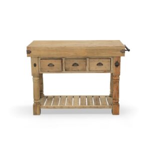 Farmhouse Island Work Console Authentic Reclaimed New Zealand Pine Table at 47.25" wide x 23" deep x 36" tall is a very popular item in the style of an old butcher block counter. The thick wood top with 3 drawers