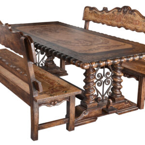 The Belruse Bench Dining Set of 3 is a top seller from our popular Belruse Series. The set features a substantial table at 95.75" wide and 47 " deep with 2 stylish tall back matching benches. This series boasts a Spanish influence with large scaled details and its multi layered finish of light and dark sienna and brown tones with subtle natural contrasts resulting from hand rubbing and exposing the rich wood undertones then delicately detailed with hand painted soft scrolls and further enhanced by the blacksmiths work of iron ornamentation added on the base. There are many options to add on and perfect the room design. When space is available consider adding the beautiful Carved leather Arm Chairs or any of the matching side boards