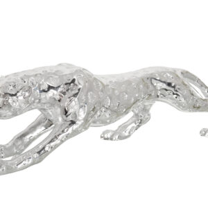 A popular decorative Standing Silver Leopard 31 Inches Long sculpture of walking Leopard depicted this animal in a prowling position showing movement. Hand cast in ceramic and resin. Features a striking Silver plated finish.