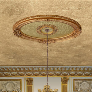 The 43 inchx31.5 inch Golden Oval Ceiling Medallion is a grand lighting application for fine homes. This ceiling lighting accessory comes prefinished in beautiful two tone gold accented with a slightly raised floral pattern center panel. A 1.5 inch center hole is provided for easy installation of the ceiling molding with chandeliers and fans. Enhance the architecture of your home with this decorative ceiling medallions unique finish and details transforming otherwise vast plain ceiling spaces.Light weight