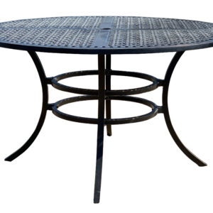 The 52-inch Round Dining Table from the Windermere Collection by Bridgeton Moore features a rich ebony finish adorned with hand-applied silvery white accents