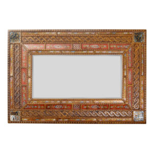 Rich Sienna and gold are hand painted on glass creating two pictures simultaneously: the picture on the painted surface and the opposite reversed side of the glass.  The artist starts with the final details first