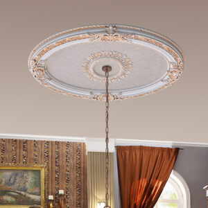 The 43 inch x 31.5 inch Blanco Oval Ceiling Medallion is an elegant lighting application for fine homes. French inspired this ceiling lighting accessory comes prefinished in beautiful white with gold accented details with a cream slightly raised floral pattern center panel. A 1.5 inch center hole is provided for easy installation of the ceiling molding with chandeliers and fans. Transform otherwise vast open plain ceiling spaces with the unique architectural detail this decorative ceiling medallions provides.