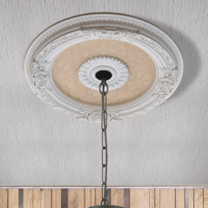 The Petite Blanco Chandelier Ceiling Medallion 24 inch Diameter is a classic round decorative ceiling Medallion or Coin. The Blanco Finish offers a subtle contrast of neutral White and Beige featuring a recessed center panel with slightly raised floral pattern detail. The item comes fully finished out of the package and is Hand Cast in a lightweight Polystyrene that will never shrink