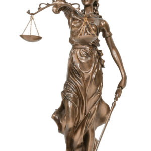 Our Bronzed Justice at 11" wide x 9" deep x 32 " tall is from our popular Platine Metal Series. This meaningful classic sculpture represents the foundation of our system of justice and was artfully depicted as a reminder to those of the beauty and strength of our system. The scales held by Lady Justice symbolizes the measure of a case's support and opposition