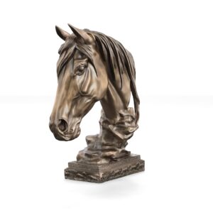 Our Bronzed Horse Bust Classic at 12.5" wide x 10.75" deep x 17" tall is from our popular Platine Metal Series. This classic creation is beautifully Artist sculpted and then hand cast in Polyresin. It features our special and rich Platine metal plated finish. A finish that enables the artists to burnish and polish the details creating a very expensive looking yet affordable decorative art.
