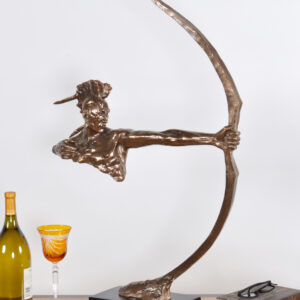 Our Bronzed Indian Shooter at 22 wide x 6 deep x 33 Tall is a top seller from our popular Platine Metal Series. The artist was able to create with the use of the Bow a free floating depiction of this desirable Indian Warrior. The original design was Artist sculpted and then hand cast in Polyresin. The finished product comes mounted to a Black base. It features our special and rich Platine metal plated finish. A finish that enables the artists to burnish and polish the details creating a very expensive looking yet affordable decorative art sculpture.