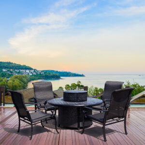 Bridgeton Moore introduces the pinnacle of outdoor leisure with the Wyndemere Ultimate Outdoor Firepit Chat Table with Club Chairs and All-Inclusive Party Conversion Package. This set redefines backyard gatherings