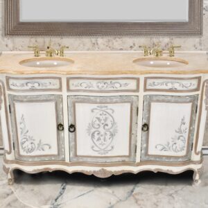 double bowl vanity. The vanity is beautiful and decorative as well as designed to make installation as easy as possible. It comes with a mounted beige solid marble top with pre-drilled holes for faucets