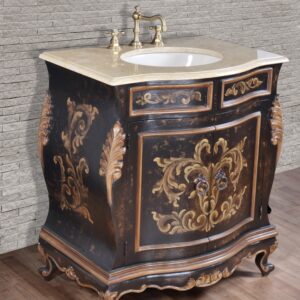 The Dorado Vanity is a 33" wide single bowl vanity. The vanity is beautiful and decorative as well as designed to make installation as easy as possible. It comes with a mounted beige solid travertine marble top with pre-drilled holes for faucets