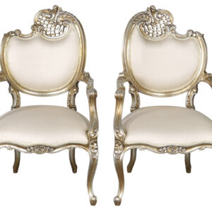 Pair of French Rococo Mahogany Fire Side Chairs in Platina Silver Finish each measuring 26 width x 24.5 depth x 42.5 tall inches. They are a beautiful example of a style of furnishings