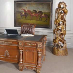 this dramatic vertical composition features a dynamic stack of rearing and galloping horses