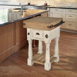 Farmhouse Island Small Work Block Console Authentic Reclaimed New Zealand Pine in a White and Natural finish as 22" wide x 21" deep x 36" tall is a very popular item in the style of an old butcher block table. The thick wood top with drawer