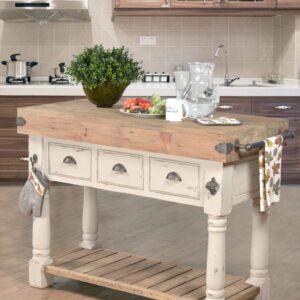 This charming kitchen island blends rustic elegance with practical function. Crafted with a solid wood top and distressed cream-finished base