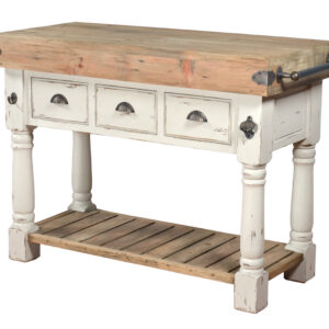 it offers a warm farmhouse aesthetic ideal for cozy kitchens. Three spacious drawers provide convenient storage for utensils or linens
