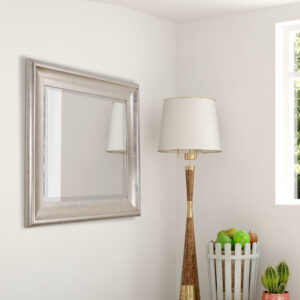 With the popularity of our Sterling Mirror Collection comes this new slimmer profile option. The exterior dimensions is 27 x 31 Inches making it a perfect size for many applications including over bathroom vanities.  It can be hung either direction with the attached hangers. The mirror comes with a large 1 1/4 inch Beveled mirror. The frame is made of solid wood with a trending Silver leaf Champagne Finish. Offering a clean and modern interior design applications. No Assembly Required.