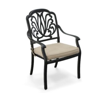 The Elisabeth Armchair is a timeless seating option crafted by Bridgeton Moore Patio. This all-cast aluminum chair offers durability and style