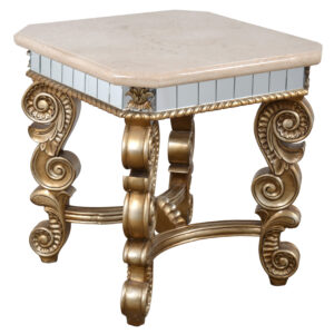 The Era of opulence returns in this baroque designed Rococo Platine Bella Accent Table. Hand Carved in solid Mahogany with an exclusive technique of silver finishing known as Platine antiqued silver finishing.