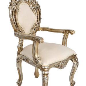The Platine Rococo Dining Arm Chair is completely Hand Carved  from solid Mahogany. Hand Made and Hand Finished by the Master Carvers and Finishers of the Heritage company. Rare to find in this quality of workmanship. The Platine finish with hues of Champagne Golden Silver is equally spectacular