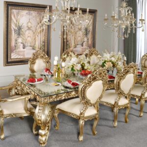 a multi step process of actually silver leafing the frames and layering and finishing techniques. The imported Taffeta Fabric offers a neutral balance to this amazing finishing. While this side Chair is easily used separately