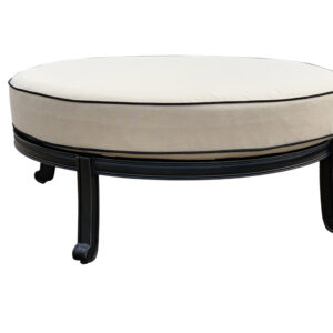 A popular Outdoor option for use as seating or as a center sofa table. The Astoria round ottoman measures a big  44 Inch Diameter. It is a finer quality offering from Bridgeton Moore Patio. It is an example of todays' patio designers bringing the beauty and designs of interior furniture and combining it with the functionality and construction of quality outdoor patio furniture. Today's fashion is to consider the exterior of your home an extension your interior design. The collection features beautiful cast Aluminum finished in a rich Bronze brown powder coat and hand finishing. The fabric used is a neutral tone endurance grade Sumbrella fabric with contrasted hand sewn piping that works beautifully with the bronzed finish frame. The Astoria Collection uses Best In Class Manufacturing with Steel Molded Aluminum Frames. No Assembly Required
