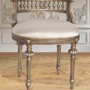 Platina Cream Vanity Chair measures 22 width x 19 depth x 27 inches tall. This fine ladies chair is created in an ample size for an occasional side chair but petite enough for placement at a smaller ladies desk or vanity. Another beautiful example of a style of furnishings