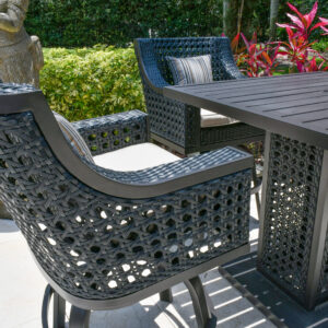and this collection embodies that philosophy.  From Bridgeton Moore Outdoor Furnishings the Monterey complete pub set is made in aluminum and accented with UV split and crack resistant poly weave on the chairs.  The poly weave construction accommodates expansion and contraction in various climates