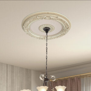 The Cream French Petite Round Ceiling Medallion 24 Inch Diameter is a classic round decorative ceiling Medallion or Coin. Featuring a neutral Beige finish with Hand Antiquing to draw out the details. Fancy scrolled detail accents surround a recessed center panel. The item comes fully finished out of the package and is Hand Cast in a lightweight Polystyrene that will never shrink