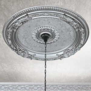 The Antique Silver Round Ceiling Medallion 24 Inch Diameter is a classic round decorative ceiling Medallion or Coin. Featuring a beautiful Antique Silver Finish with Hand Antiquing to draw out the details. Fancy scrolled detail accents surround a recessed subtle Floral and Vine Center Panel. The item comes fully finished out of the package and is Hand Cast in a lightweight Polystyrene that will never shrink