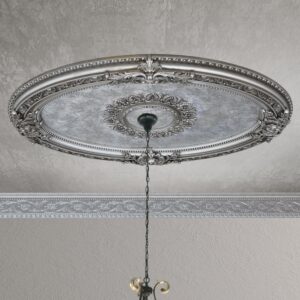 The smaller Antique Silver Oval Ceiling Medallion offered is from Masterpiece Molding