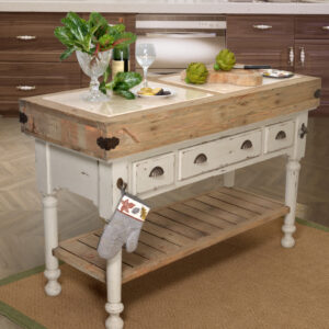 This is a perfect marble top kitchen island that is great for small spaces not quite large enough for formal kitchen islands. Also great for additional work space in a large kitchen this is a beautiful farmhouse style piece with enhanced finishing and bench made construction.