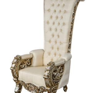 The Spectacular Palace Platine High Back Chair 74 Inches Grand. It is one of the most impressive and opulent Grand scale Chairs in the Market. This design is also very popular with our Wedding and Events specialists as special Wedding Throne Chairs. Hand Made and Hand Finished by the Master Carvers and Finishers of the Heritage company. Rare to find in this quality of workmanship. The Platine finish with hues of Champagne Golden Silver is equally spectacular