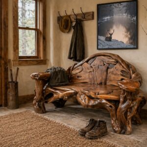 organic character into your space with this one of a kind teak root bench