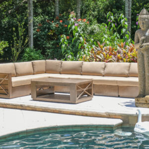 that will never rust. Hand Finished 1 item at a time combining soft hand dry brushing and all weather powder coat finishing in a light brown Cappuccino tone. The seating is thicker and plush with seat backs and cushions covered in a neutral Linen all weather Sumbrella Fabrics. An example of bringing the beauty and designs of interior furniture and combining it with the functionality and construction of quality outdoor patio furniture. Today's designers and homeowners consider the exterior of your home an extension of the interior design of your home. Mountain Studio Outdoor Collection  with its clean lines offers a minimalist contemporary design that makes a quality statement in any outdoor setting. Whether relaxing with family or entertaining guests at a party this set will hold up to even the most active of lifestyles. Consider combining it with other Offering from the Mountain Studio Outdoor Collection manufactured by Bridgeton Moore. Bridgeton Moore has established high brand quality standards and offers one of the best warranties in the Industry