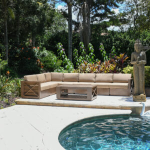 that will never rust. Hand Finished 1 item at a time combining soft hand dry brushing and all weather powder coat finishing in a light brown Cappuccino tone. The seating is thicker and plush with seat backs and cushions covered in a neutral Linen all weather Sumbrella Fabrics. An example of bringing the beauty and designs of interior furniture and combining it with the functionality and construction of quality outdoor patio furniture. Today's designers and homeowners consider the exterior of your home an extension of the interior design of your home. Mountain Studio Outdoor Collection  with its clean lines offers a minimalist contemporary design that makes a quality statement in any outdoor setting. Whether relaxing with family or entertaining guests at a party this set will hold up to even the most active of lifestyles. Consider combining it with other Offering from the Mountain Studio Outdoor Collection manufactured by Bridgeton Moore. Bridgeton Moore has established high brand quality standards and offers one of the best warranties in the Industry